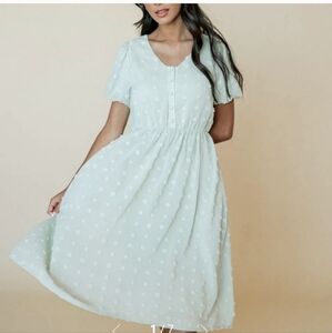 Baltic Born Mila White Swiss Dot Puff‎ Short Sleeve Lined Sz. L Dresa